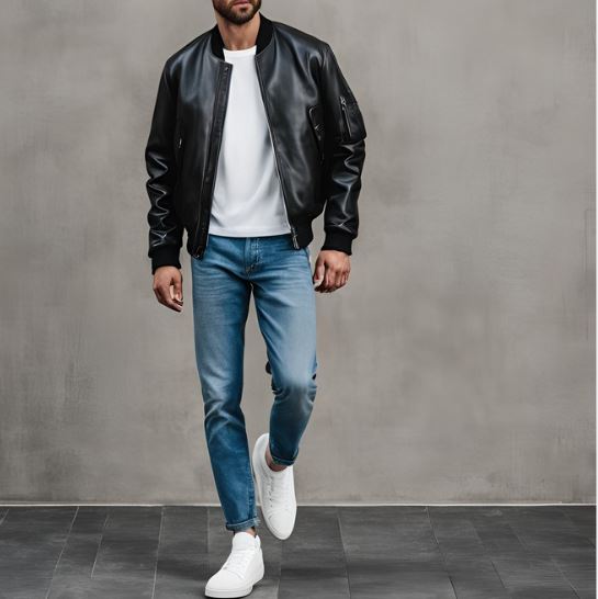 white tshit under bomber black jacket