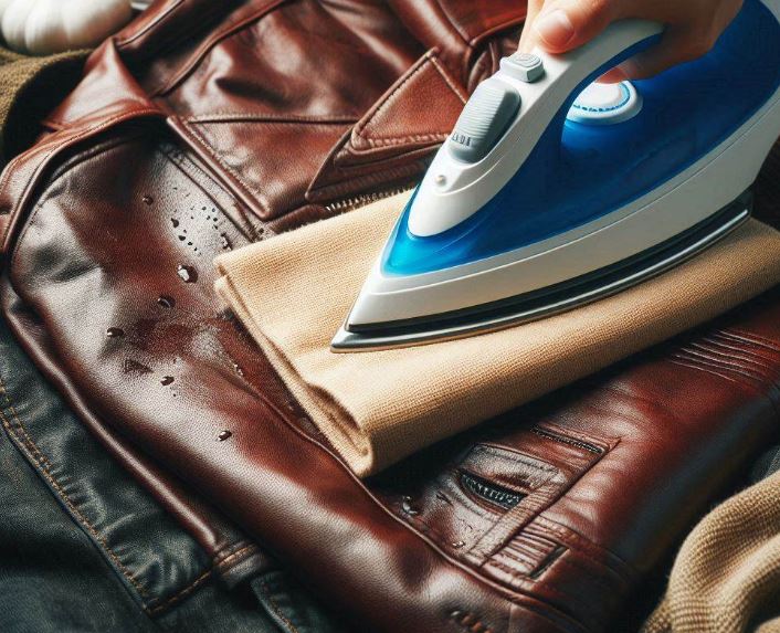 Use towel as a barier while ironing leather jacket