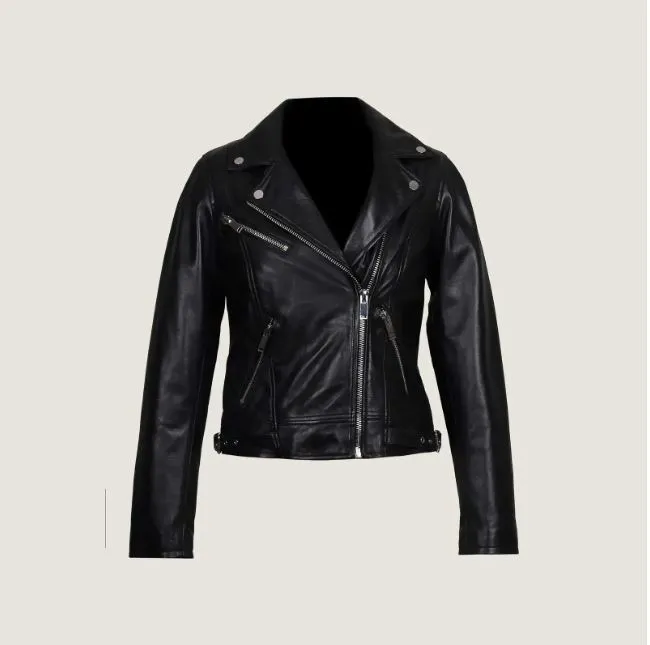 Full grain black biker leather jacket women